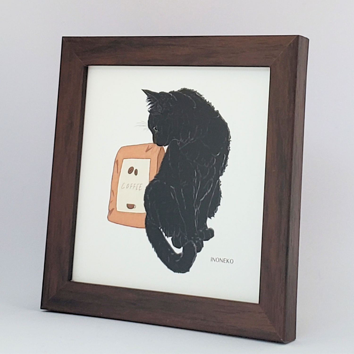 10cmフレームイラスト コーヒー豆袋と黒猫