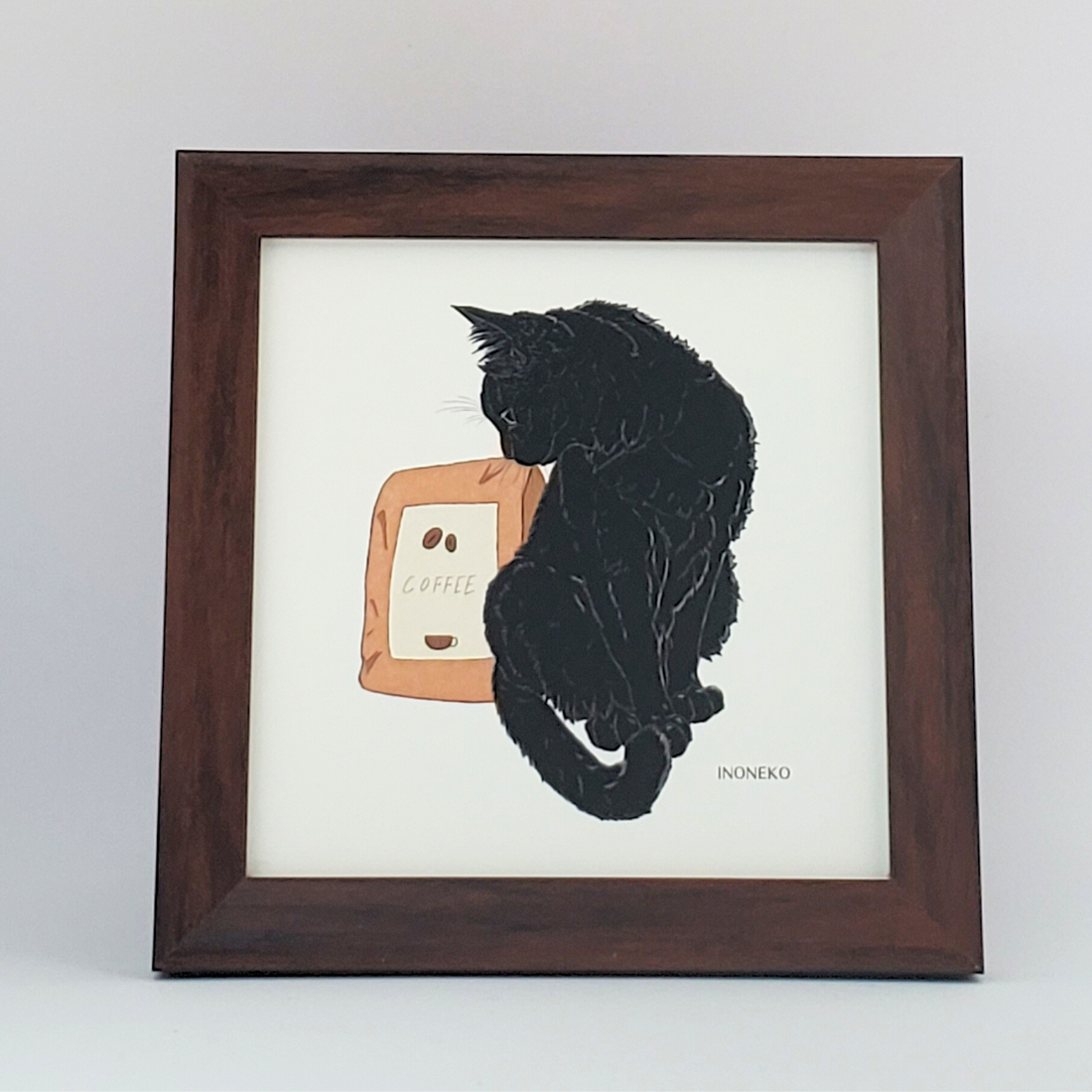 10cmフレームイラスト　コーヒー豆袋と黒猫