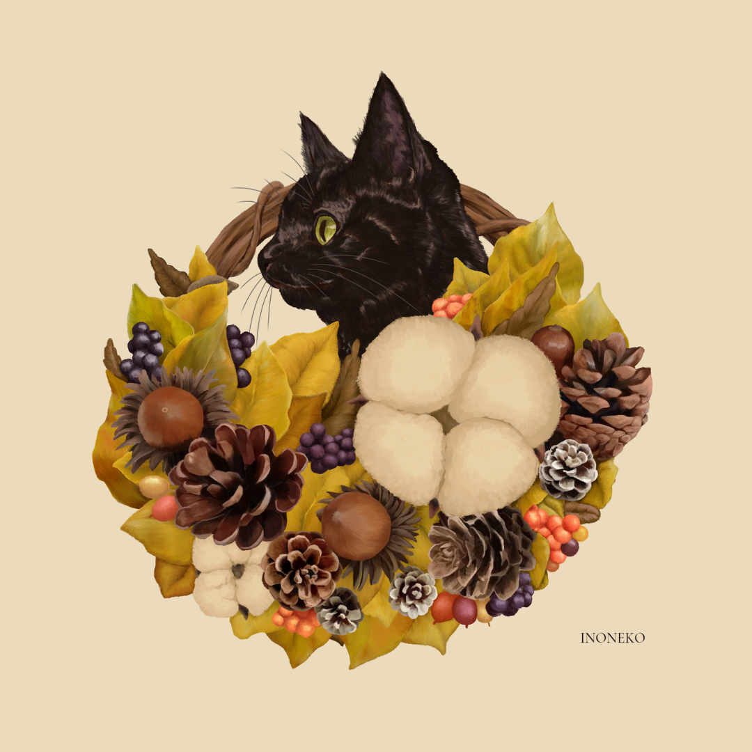 10cmフレームイラスト　実りの秋と黒猫